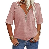 Women Fashion V-Neck Half Sleeves Oversized T Shirt Solid Casual Loose Basic Tops