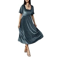 Maxianever Velvet Dusty Blue Plus Size Maxi Dresses Long Bridesmaid Dress Women’s Formal Evening Cocktail Gowns Short Puffy Sleeves US20W