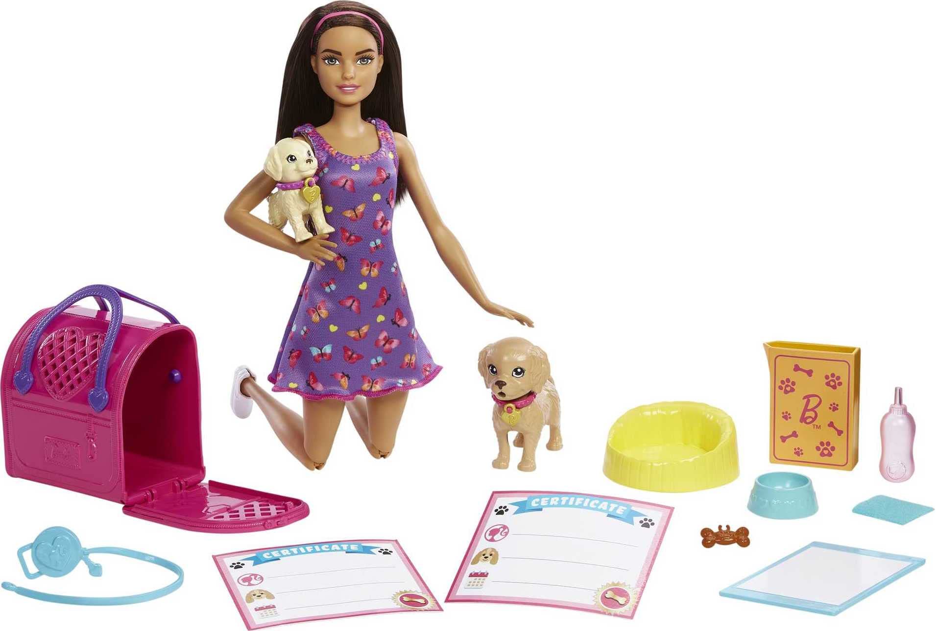Barbie Pup Adoption Doll & Accessories Set with Color-Change, 2 Pets, Carrier & 10 Accessories, Brunette Doll in Purple Dress