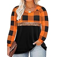 RITERA Plus Size Tops for Women Long Sleeve Colorblock Shirts Casual O Neck Tees Orange Plaid 4XL