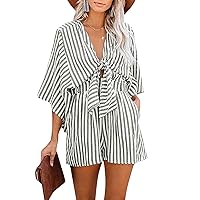 Jumpsuits for Women Summer Beach Resort Style Striped Knotted Tie Half-Sleeve V-Neck Slim Fit Waist Elastic Jumpsuit