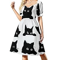 Black Cats Looking Women Elegant Maxi Dress with Sleeves,Summer Casual Dress
