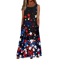 Women's 4Th of July Dress Casual Fashion Sleeveless Pullover Dresses Printed with Pockets Dresses, S-3XL