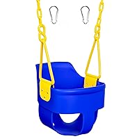 Premium High Back Full Bucket Toddler Swing Seat with Finger Grip, Plastic Coated Chains for Safety and Carabiners for Easy Install - Blue - Squirrel Products