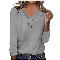 Womens Long Sleeve Button Ruched Cross V Neck Shirts Fashion Dressy Casual Loose Fit Plain Blouse Pullover Tops