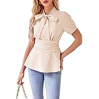 GRACE KARIN Women's Office Bow Tie Blouse Puff Sleeve Peplum Dressy Shirt Smocked Waist