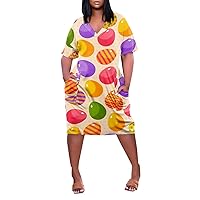 Womens Easter Dress Classic Egg Print Loose Fit Casual Trendy Dress Short Sleeve V Neck Pockets Straight Dresses