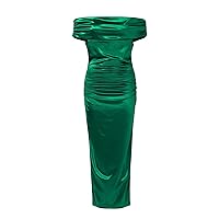 Womens Formal Off The Shoulder Dress 2024 Short Sleeve High Slit Long Dress Solid Color Cocktail Dres