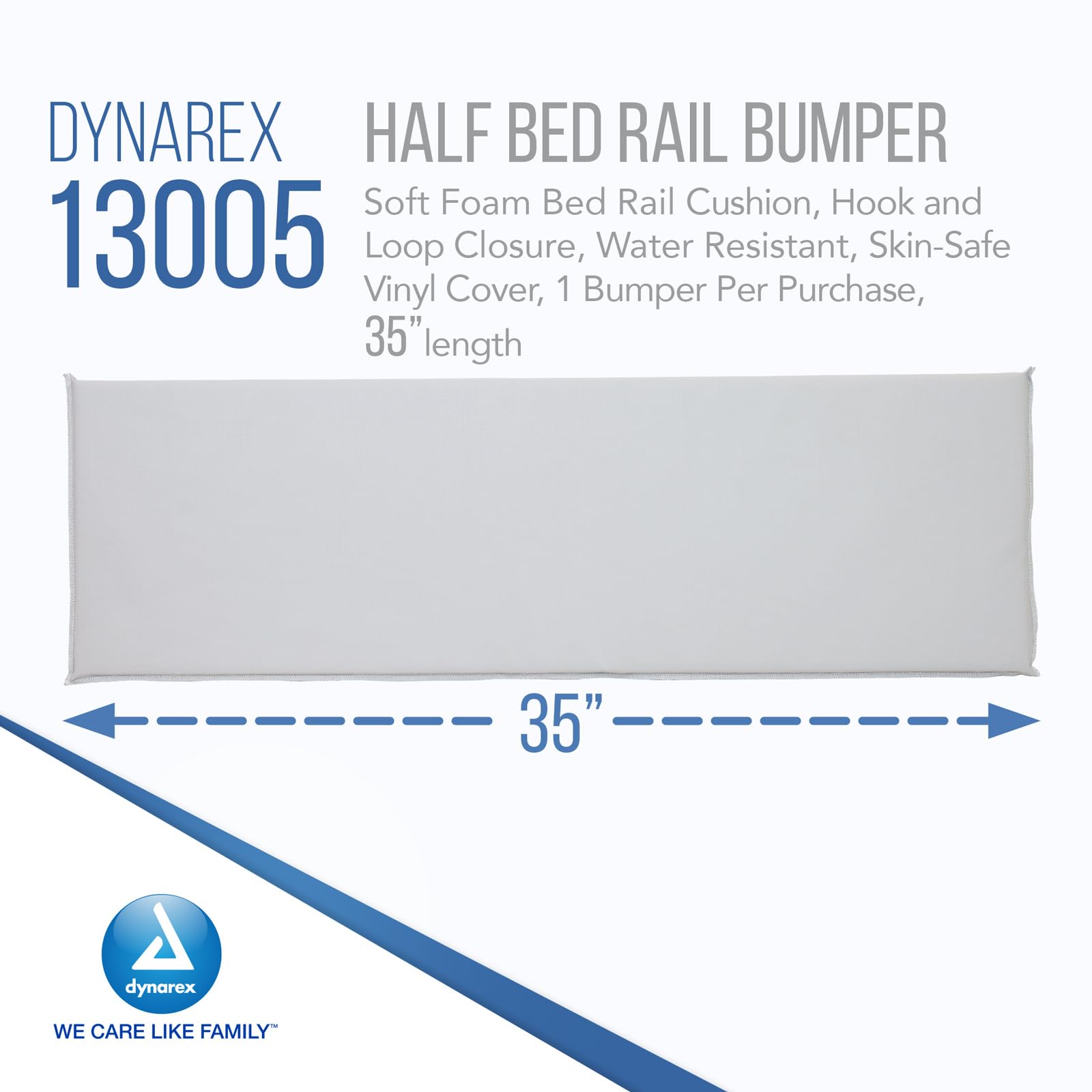 Dynarex Half Bed Rail Bumper - 35” Padded Bed Rail Guard - Soft Foam Bed Railing Cushion, Hook & Loop Closures - Water Resistant & Skin-Safe Vinyl Cover - 1 Bed Rail Bumper