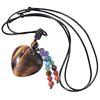 TUMBEELLUWA Handcarved Crystal Heart Pendant Necklace with 7 Chakra Beads Tassel Quartz Pendant with Cord Healing Stone Amulet for Unisex