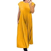 Cap Sleeve Pleated Kaftan Dress for Women Casual Loose Fit Crewneck Long T-Shirt Dress Zipped Back Flowy Maxi Dress