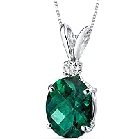 Peora Created Emerald with Genuine Diamond Pendant in 14K White Gold, Elegant Solitaire, Oval Shape, 10x8mm, 2.35 Carats total