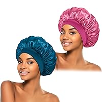 2Pcs Silk Bonnet for Sleeping, Satin Hair Bonnets, Soft Elastic Band Silk Sleep Cap, Hair Wrap for Women(Peacock Blue Rose Red)