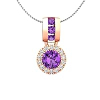 0.65 CT Round Cut Simulated Amethyst & Cubic Zirconia Halo Pendant Necklace 14k Rose Gold Over