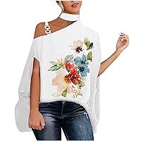 Womens Summer Dressy Blouses Tops 2022 Trendy Casual Cold Shoulder Mock Neck Batwing Fashion Print Loose Cute Shirt