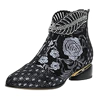Women's Ankle Boot Vintage Embroidery Pointed Toe Zipper High Heel Short Naked Boots Shoes