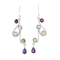 NOVICA Handmade Multigemstone Dangle Earrings Scrolling .925 Sterling Silver Garnet Amethyst Citrine Peridot India Birthstone [2.2 in L x 0.4 in W x 0.1 in D] 'Dancing Rainbow'