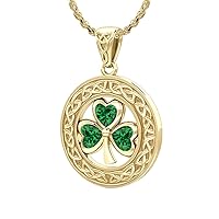 Ladies Solid 14k Yellow Gold 21mm Irish Shamrock 3 Leaf Clover Synthetic Emerald May Birthstone Pendant Necklace, 16in to 24in