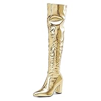 Women's Metallic Thigh High Boots Pointed Toe Chunky Heel Knee High Boots Side Zip Wide Calf Boots Women's Fashion Boots