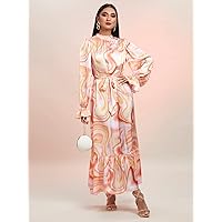 2023 Women's Dresses Marble Print Flounce Sleeve Ruffle Hem Belted Dress Women's Dresses (Color : Multicolor, Size : Small)