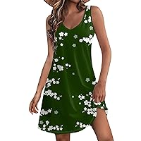 Vacation Clothes for Women Floral Dress for Women 2024 Summer Vintage Casual Trendy Beach Slim Fit with Sleeveless V Neck Tank Dresses Dark Green Large
