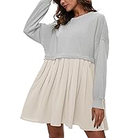 Flygo Womens Oversized Sweatshirt Dress Crewneck Patchwork Long Sleeve Pullover Tunic Flowy Pleated Mini Dresses(LightGrey-S)