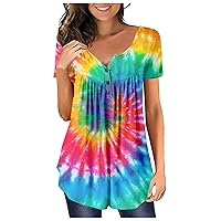 Plus Size Tops for Women Dressy Button Down T Shirt Graphic Print Short Sleeve Blouse Henley V Neck Summer Clothes