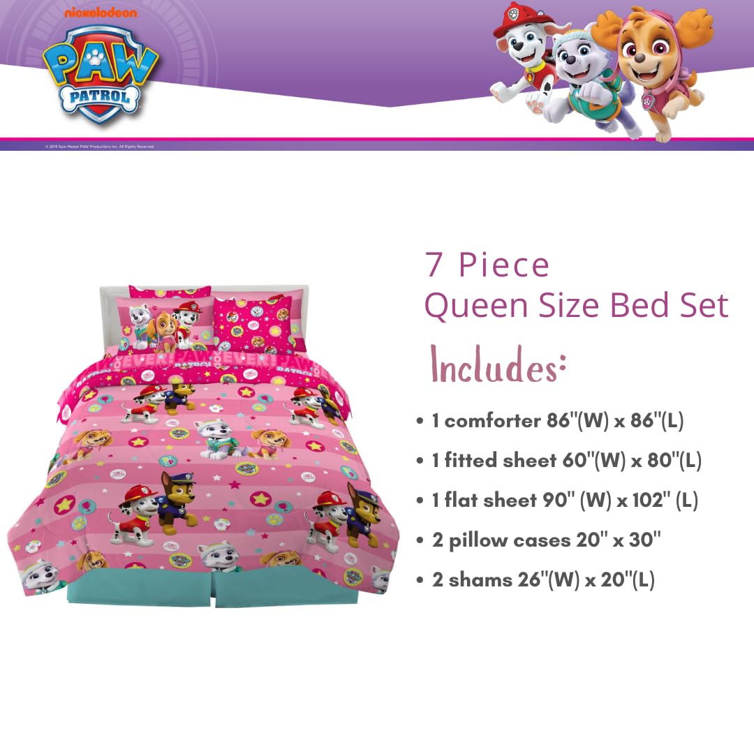 Franco Paw Patrol Girls Kids Bedding Super Soft Comforter and Sheet Set with Sham, 7 Piece Queen Size, (100% Officially Licensed Product)