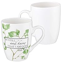 Christian Art Gifts Ceramic Coffee and Tea Mug 12 oz Inspirational Bible Verse Mug for Women and Men: Be Still and Know - Psalm 46:10 Microwave and Dishwasher Safe White Mug with Green Leaf
