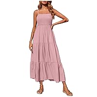 Women's Boho Tiered Sundress, Spaghetti Strap Smocked Slip Dress, Summer Casual Solid Sleeveless Beach Maxi Dresses