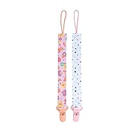 Nuby Pacifinder Pacifier Clip, 2 Pack Pacifier Holder for Girl, Pink Flowers and White with Polka Dots