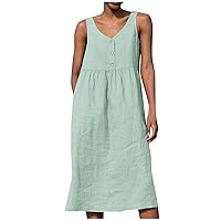 Summer Dresses for Women Cotton Linen Beach Sundress V Neck Button Down Casual Midi Tank Dress Swimsuit Cover Ups