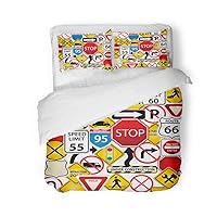Duvet Cover Set Queen/Full Size Street Collage of Road and Traffic Signs Highway Stop 3 Piece Microfiber Fabric Decor Bedding Sets for Bedroom