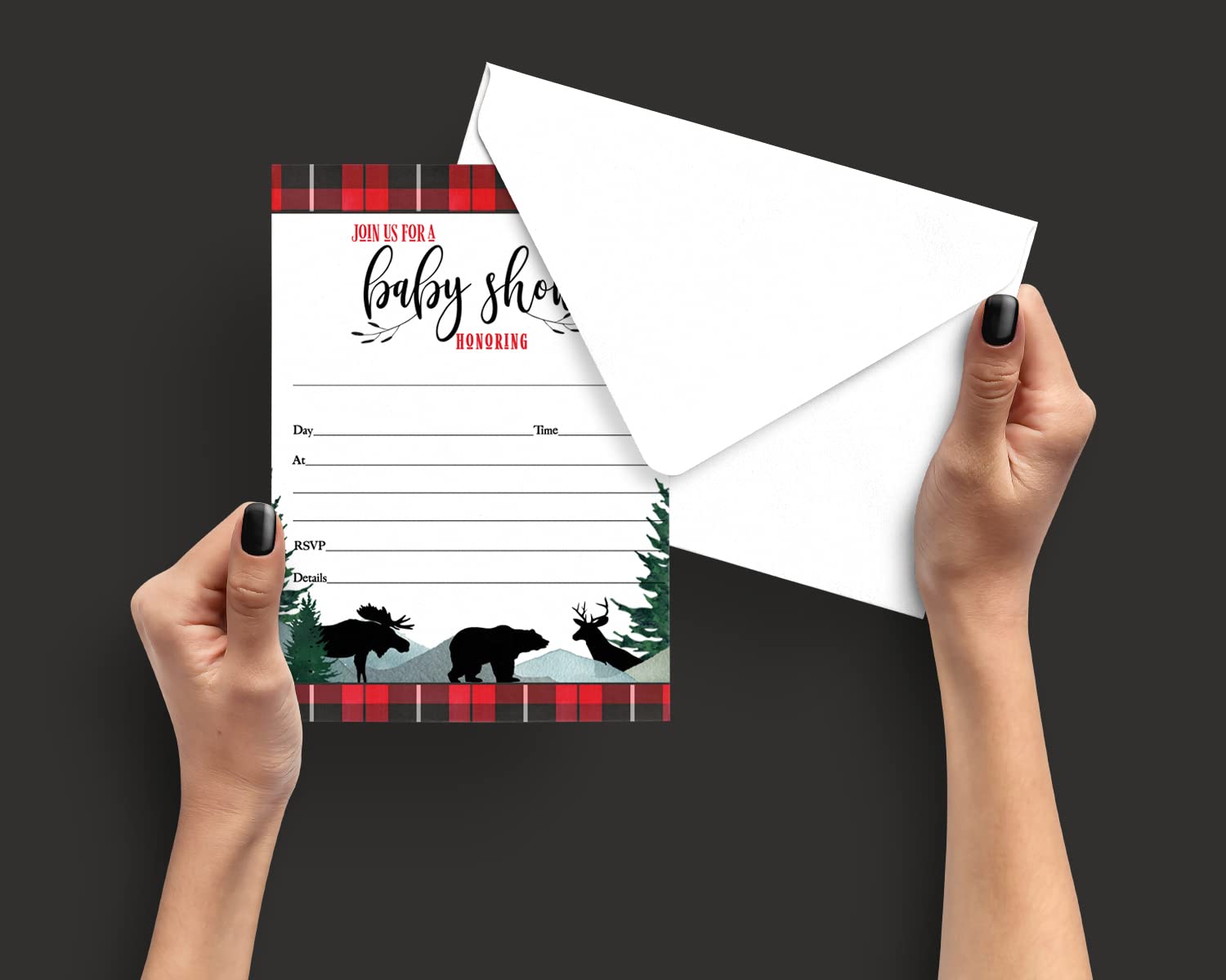 Lumberjack Invitations with Envelopes (25 Pack) Baby Bear Shower Invites Blank Fill-In Party Details - Red and Black Plaid - 5x7 Size Set - Paper Clever Party