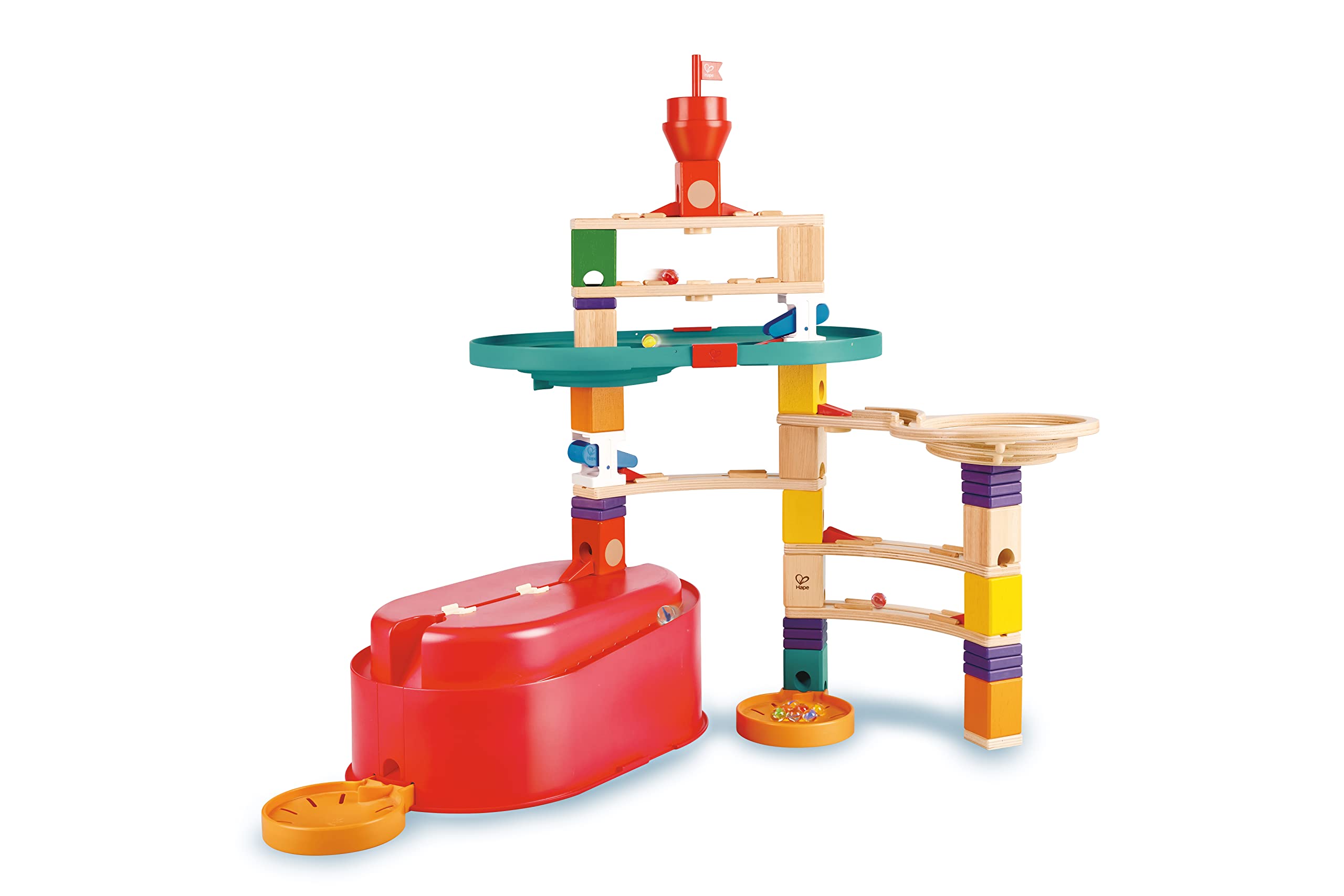 Hape 90 Piece Quadrilla Stack Track Bucket Box Marble Race Building Set for Children Ages 4 and Up with 25 Marbles for STEAM Learning