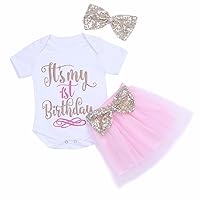 FEESHOW 3Pcs Baby Girls My 1st Birthday Outfits Princess Romper Bodysuit with Ruffle Tutu Skirt Bowknot Headband Set