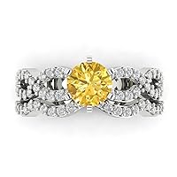 Clara Pucci 1.65ct Round Cut Halo Solitaire Real Yellow Citrine Designer Art Deco Statement Wedding Curved Ring Band Set 18K White Gold