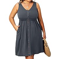 Holipick Women's Plus Size Summer Dresses for Women Casual Dress with Pockets A-Line Swing Button Down Sleeveless V Neck Gray