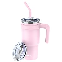 Sursip 24 oz Insulated Tumbler with Handle, Double Wall Vacuum Stainless Steel Cup with Straw and 2 Lids, For Cold/Hot Drinks, Leak Proof, Coffee Travel Mug for Car/Home/Office/Party/Camping (Pink)
