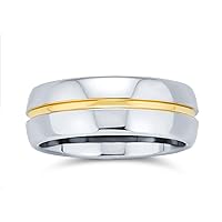 Bling Jewelry Two Tone Golden Center Stripe Couples Titanium Wedding Band 14K Gold Plated Ring For Men Women Silver Tone 8MM