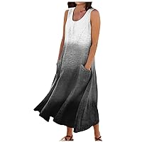 Summer Dress for Women Solid Color Round Neck Tank Dress Sleeveless Casual Loose Trendy Beach Dress with Pocket