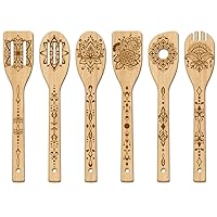 GLOBLELAND 6Pcs Mandala Bamboo Cooking Utensils Wooden Engraved Cooking Spoons Set Carving Kitchen Bamboo Spatula Set Wood Cooking Spoon for Kitchen House Warming Gift