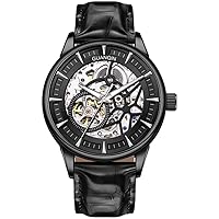 GUANQIN Skeleton Automatic Self-Winding Vintage Watch Men Mechanical Business Watch Stainless Steel Genuine Leather Sapphire Glass Waterproof Watch Luminous, black, Strap.