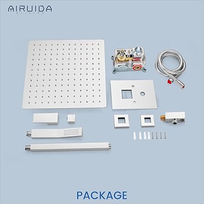 Airuida 12 Inch Square Chrome Polish Ceiling Shower System Set SUS304 Ceiling Mount Rain Shower Head with Handheld Spray 2-Functions Rain Mixer Shower Faucet Set Contain Rough-In Valve