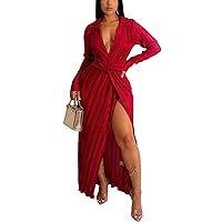 Womens Pleated Long Sleeve Wrap Dress Deep V Neck Solid Color Slit Long Maxi Party Club Dress with Belt