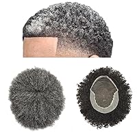 Afro Curl Toupee for Black Men 8X10 French Lace Front Kinky Curly Human Hair African American Mens Wig Hair System Replacement Natural (#150 Jet Black+50% Gray, Afro Wavy 6mm)
