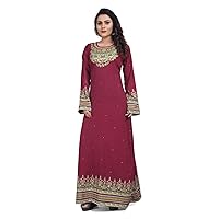 Women's Trendy Red Multi Maxi Dress Kaftan Long Sleeve-13172 5XL (52)