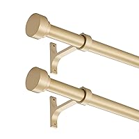 2 Pack Heavy Duty 1 Inch Diameter Single Curtain Rods 72-144” Adjustable Window Curtain Rod with Aluminum Alloy Cylindrical Cap Finials, Wall Mount and Ceiling Mount, Light Gold