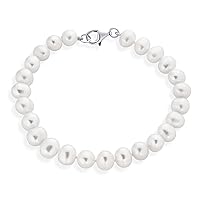 Traditional Classic Simple Bridal Genuine 7.5-8 MM White Pink Infinity Baroque Freshwater Cultured Pearl Hand Knotted Stretch Strand Bracelet For Women Teen .925 Sterling Silver 6, 7, 7.5 Inch