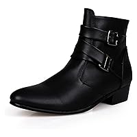 Men's Leather Pointed Toe Chelsea Boots,Buckle Straps Side Zipper Chunky Low Heel Western Formal Dress Boots Ankle Boots